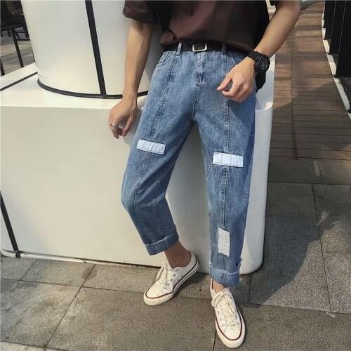 Japanese Korean trendy new mens multi-pocket denim hip hop jeans casual cropped pants slightly loose loose was thin youth jeans
