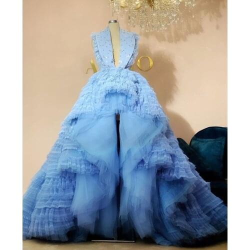 Extra Puffy Sky Blue Formal Dresses Prom Gowns High Low Lush Tulle Lace Elegant Long Evening Party Dress V Neck Party Night Wear