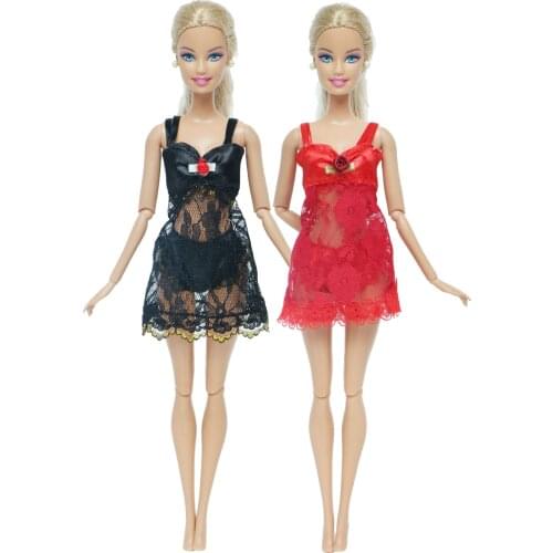 2 Sets Fashion Black+Red Pajamas Lingerie Nightwear Lace Night Dress + Bra + Underwear Clothes for Barbie Doll Skirt Accessories