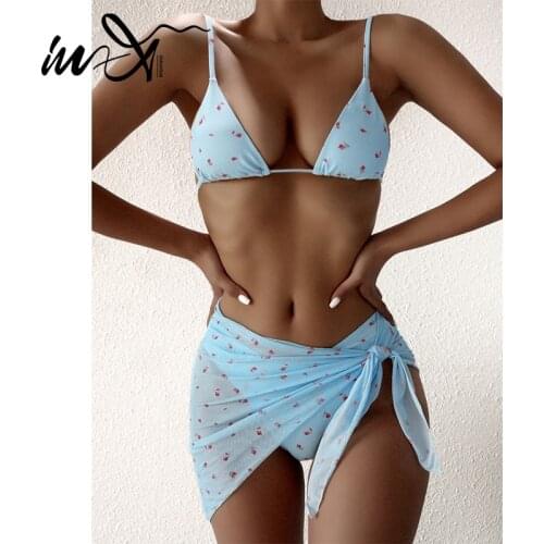 In-X Floral print bikini 2021 Triangle swimsuit women Mesh 3 pieces set String swimwear female Elegant bathing suit swimming