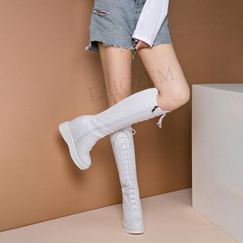 LAIGZEM FASHION Women Knee High Boots Platform Wedge LEATHER Wide Calf Waterproof Winter Boots Shoes Botas Mujer Big Size 32-40