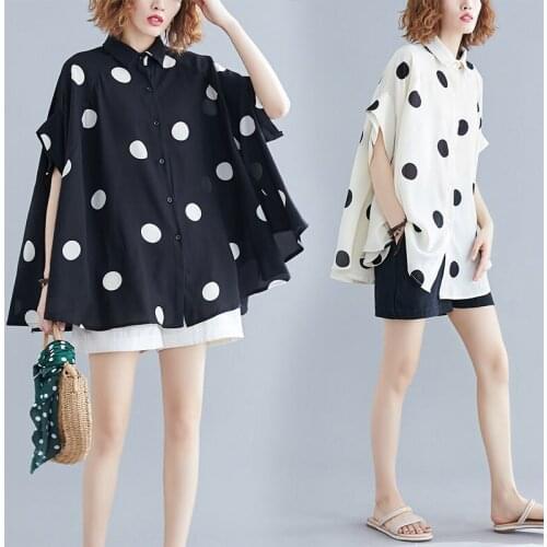 Fashion Polka Dot Irregular Bat Shirt 2021 New Spring Autumn Women Oversized Single-Breasted Short Sleeve Chiffon Shirt aq121