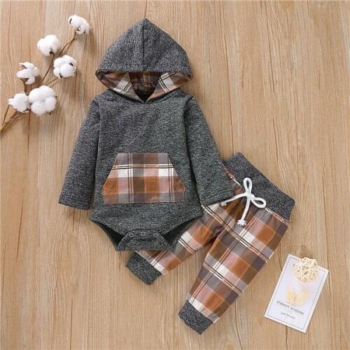 0-18M Autumn 2pcs Hot Toddler Infant Baby Boy Girl Grid Hooded Romper Pants Autumn Outfits Set