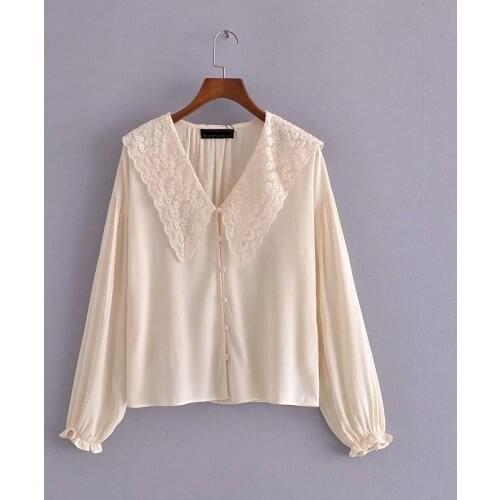 2021 New Toppies Beige Lace Neck Blouse Women Spring Logn Sleeve Tops Sweet Blouses P Blusas Mujer
