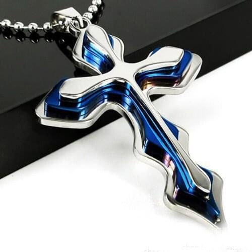 New Fashion Pendant Necklace for Men Sweater Chain Blue Black Cross Pendant Punk Hip Hop Three Layers Necklace Boyfriend Jewelry