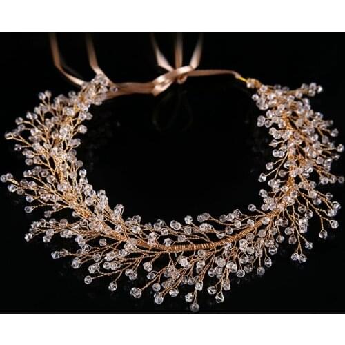 Handmade Beaded Bride Wedding Headband Bridal Hair Wreath Cluster Twig Leaves Vine with Ribbons Women And Girls Head Decoration