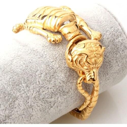 Christmas Gift 316L Stainless Steel 3D Tiger Design Gold Biker Jewelry Mens Bracelet Cuff Bangle Hip-hop Gift 8.26" Wholesale