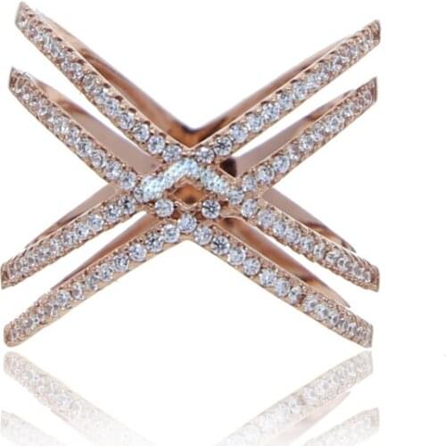 Rose Gold Color Double Criss Cross X Shaped Wedding Finger Ring Micro Pave CZ Women Lady Charm 925 Sterling Silver Party Jewelry