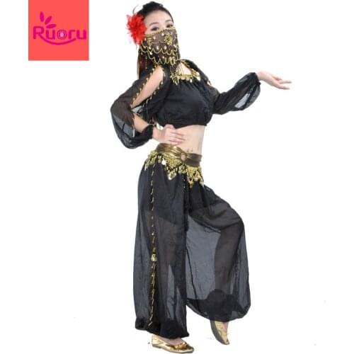 Ruoru 5 Pieces/lots Professional Belly Dance Costume Set with Belt Scarf Veil Head Flower Tops Pants Oriental Dance Costumes