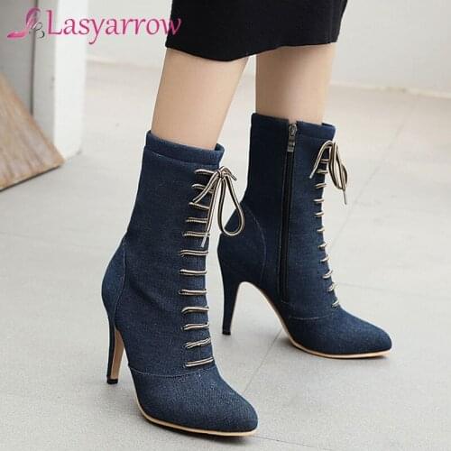 Lasyarrow Boots Denim Women Ankle basic High Heels Pointed Toe Women Adult Blue Cross-tied Autumn Winter Fashion Boots Shoes