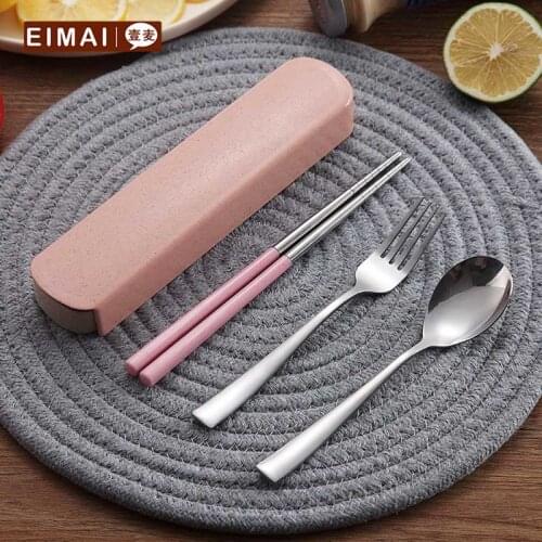Portable Tableware Set Stainless Steel Dinnerware Set With Wheat Straw Handle Chopsticks Spoon Fork Travel Dinner Set A3