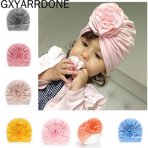 2020 New Baby Girls Crepe Flower Turban Hats Kids Newborn Bonnet Caps Children Knitted Headwear Photo Props Hair Accessories