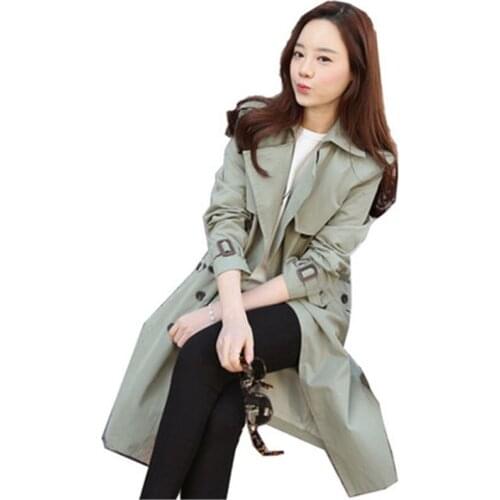 Spring long section with double-breasted trench coat Korean version of the waist long-sleeved lapel womens windbreaker coat 642