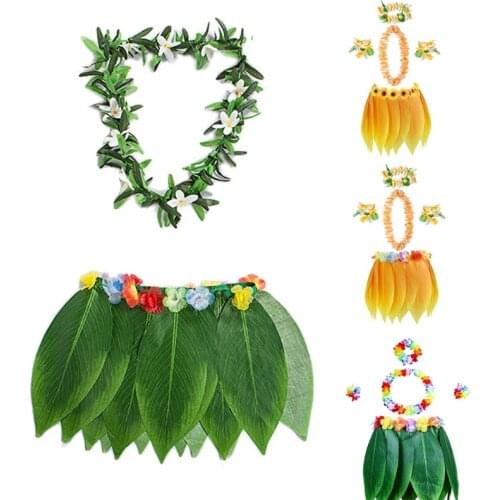 Leaf Skirt Hawaiian Hula Grass Skirt with Flower Leis Luau Party Dress Outfits Stage Costume for Women Girls Men