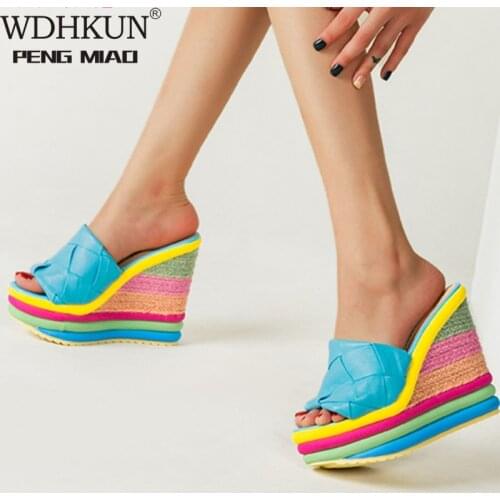 Lady Straw Heel Slippers Summer Color Outdoor Party Dress Slippers Women Platform Wedges Slip on Brand Shoes Woman