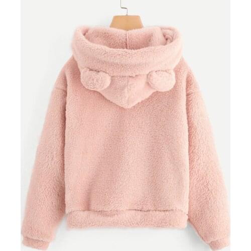 40# Fluffy Hoodies Women Kawaii Sweatshirt Cute Bear Ear Cap Autumn Winter Warm Pullover Long Sleeve Outwear Fleece Coat Moletom