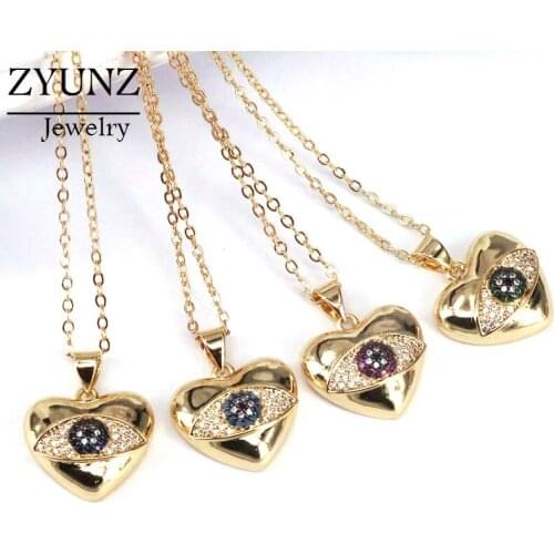 5PCS, Colorful CZ Micro Pave Eye On Heart Pendant/Charm,Cubic Zirconia Paved Charm Necklace