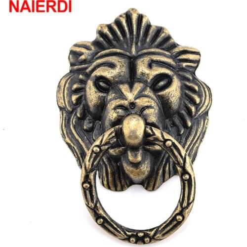 NAIERDI 69*44mm Antique Furniture Handle Vintage Lion Head Cabinet Pulls Handles Furniture Door Cabinet Drawer Pull Handle Knob