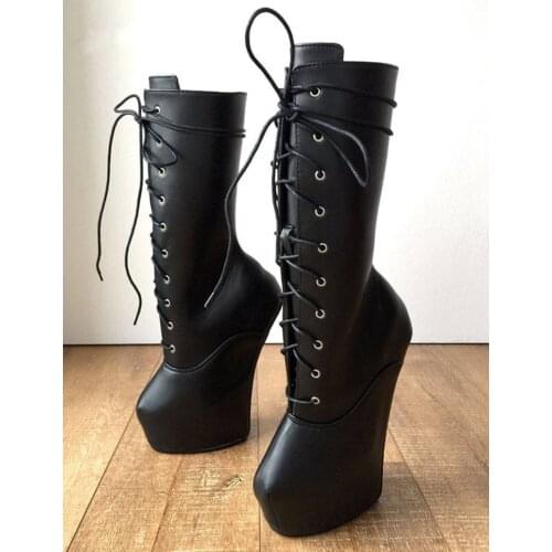 Black Matt Women Boots Lace Up Closed Pointy Toe Extreme Heels Heavy Hoof Heel Booties For Women Bdsm High Heels Calf Mid-Calf