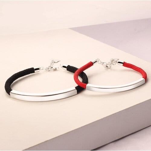 Sterling silver square tube couple bracelet a pair of long-distance love men and women smooth simple red rope hand rope commemor