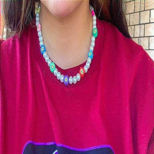 Flower Smiley Imitation Pearls Beaded Necklace for Women Gold Silver Color Clavicle Chain Short Necklaces 2021 Fashion Jewelry