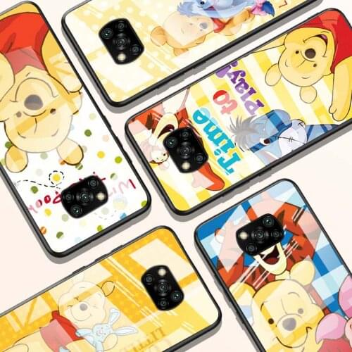 Disney Winnie the Pooh for Xiaomi POCO X3 NFC F3 M2 X2 F2 Redmi K30 Redmi Note 9 Pro Luxury Tempered Glass Phone Case