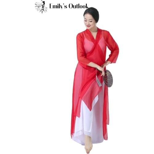 Chinese Folk Dance Costume Traditional Classical Dance Performance Shirt Loose Light Dress Long Pants Red Elegant