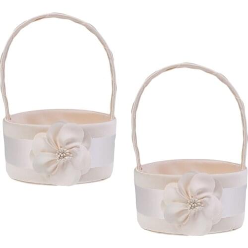 2pcs Delicate Round Champagne Satin Wedding Flower Girl Basket Floral Bridal Petals Basket Decoration for Wedding Party Supplies