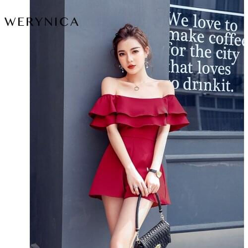 Werynica Off shoulder strap chiffon summer pants suit Women ruffle pleated short pants Elegant holiday beach mini pants suit