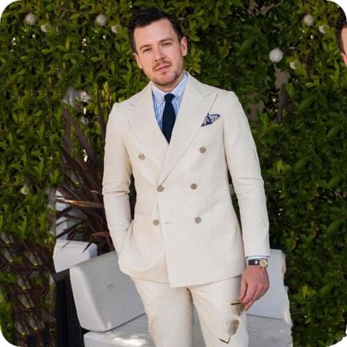 Summer Beach Casual Linen Man Suits for Wedding Groom Tuxedo Double Breasted Peaked Lapel Man Blazer Suit 2 Piece Custom Made