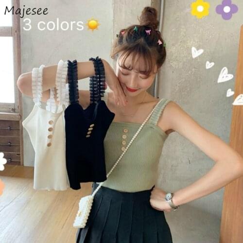 Camisole Women Summer Button Sweet Girl Kawaii Sexy Sleeveless Trendy Basic All-match Tanks Tops Womens High Quality Clothing