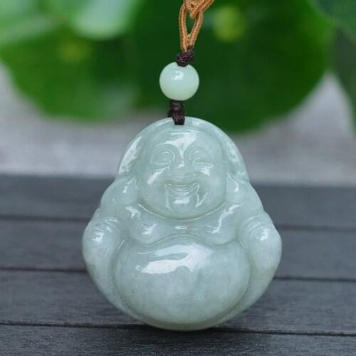 Natural Rice White Jadeite A+ Jade Pendant Carved Laughing Buddha Maitreya Pendant Necklace Gift for Women Men Jade Jewelry