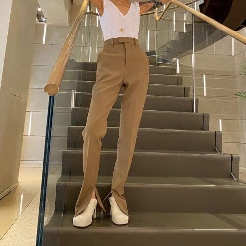 2021 spring and Autumn New Womens wear two color slim high waist split trousers casual straight pants