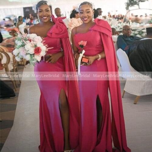 Rose Red Mermaid Bridesmaid Dresses With Bow Streamer Custom One Shoulder Side Split Long Wedding Party Dress Formal Prom Gowns