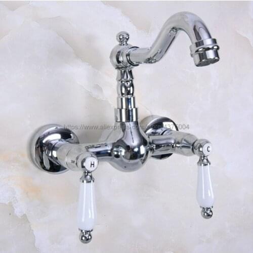 Polished Chrome Wall Mounted Swivel Spout Bathroom Sink Faucet Double Handle Mixer Tap Wall Mounted Nnf959
