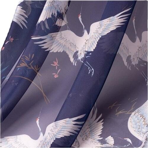 Width 58" Summer Antique Crane Printed Tencel Chiffon Fabric By The Half Yard For Hanfu Shirt Shawl Material