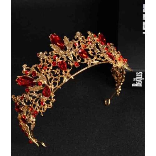 Baroque Gold Vintage Red Crystal Bridal Tiaras Wedding Hair Accessories Rhinestone Pageant Prom Crown for Bride Headbands