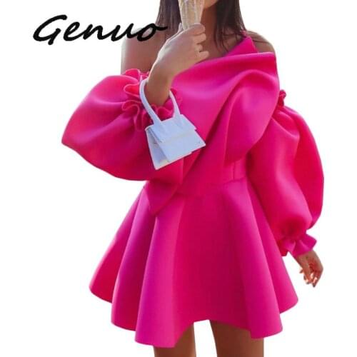Party Dress Mini Sexy Pleated Puff Sleeve One Shoulder Spaghetti Strap Women Backless Clubwear Dinner Night Tunics Femme Robes