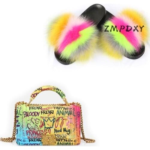 Womens Real Fox Fur Slides Jelly Shoulder Bag Shoes Sets Women Fluffy Furry Slipper Ladies Chain Candy Crossbody Purse Flip Flop