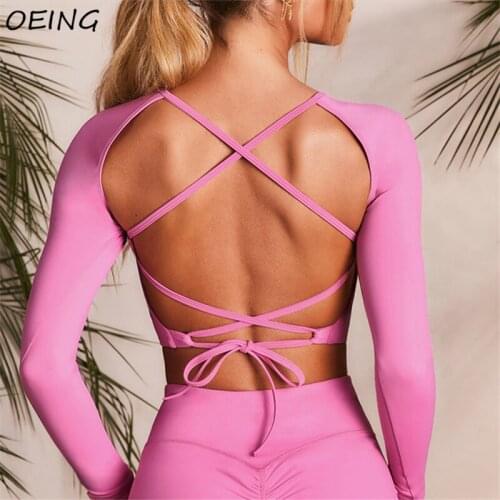Womens Jogging Crop Tops Long Sleeve Backless Workout Shirts Yoga Fitness Clothes