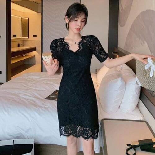 2020 Summer Eyelash Lace Bodycon Classy Dress Women V-neck Short Puff Sleeve Elegant Dress for Women Sexy Party Office Dresses