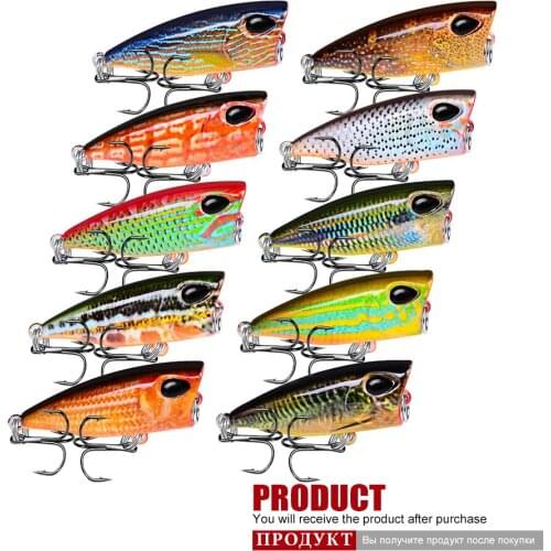 10PC/Lot Popper fishing tackle Fishing Lures 10 Colors Popper Lures 0.12oz-3.5g /1.65"-4.2cm Bass Baits 10# Hook Fishing Bait