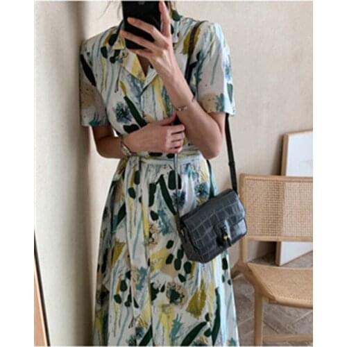 2020 New Arrival Hot Summer Dress for Ladies Single Breasted Ink Print Simple Elegant Dress Straight Blocking Maxi Vintage Dress