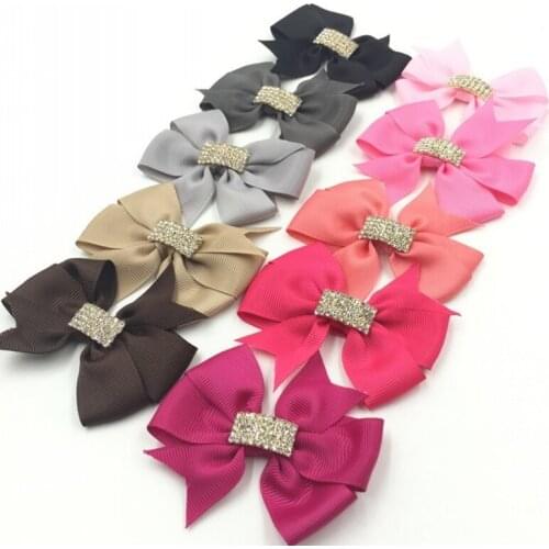 50pcs/lot 3" 30colors Handmade Grosgrain Bows+Rhinestone Buttons Ribbon Boutique Hair Bows For Girls Hair Accessories Hair Clips