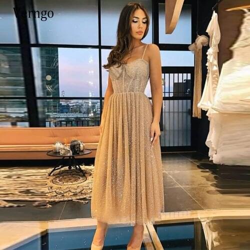 Verngo New 2021 Sparkly A Line Short Evening Dresses Spaghetti Straps Boning Corset Glitter Prom Gowns Tea length Party Dresses