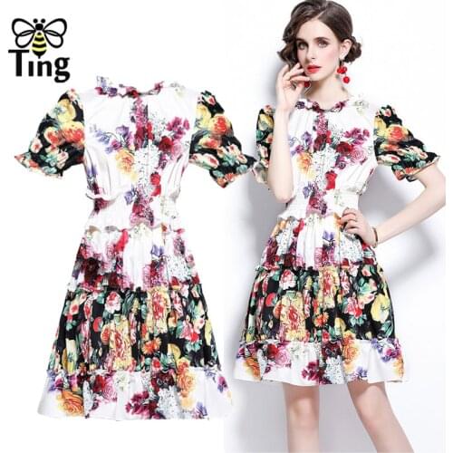 Tingfly Designer Vintage Summer Casual Floral Slash Collar Mini Short Dress High Elastic Waist Ruched A Line Vestidos Elbise Za