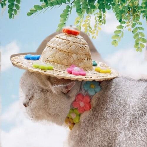 Pet Cat Dog Hand-woven Felt Daisy Sunflower Hat Adjustable Sunshade Flower Decoration Cap Summer Beach Holidays Photography Prop