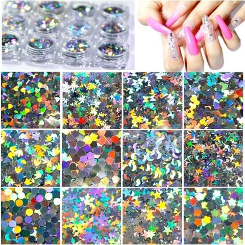 Holographic Star Butterfly Maple Leaf Nail Art Laser Sequins 3D Silver Gold Glitter Applique Polished Nail Decoration GSP-164