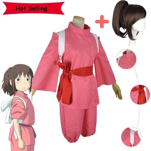 Hot Anime Movie Spirited Away Cosplay Suits Takino Chihiro Show Costumes Kamikakushi Girls Pink Kimono Sets Ladies Party Wig