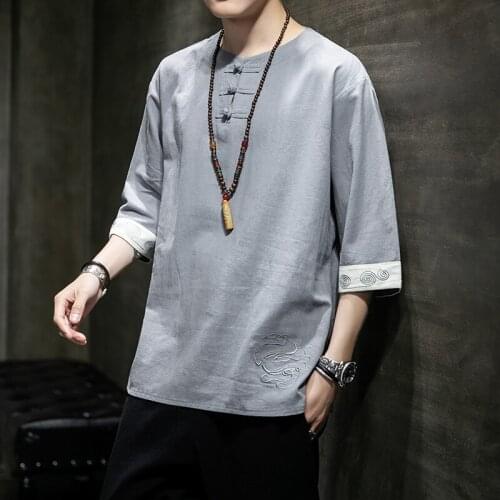 Chinese Style Tang Suit Han Suit Mens Clothing Lay Linen Shirt Spring And Summer Short sleeve T-Shirt